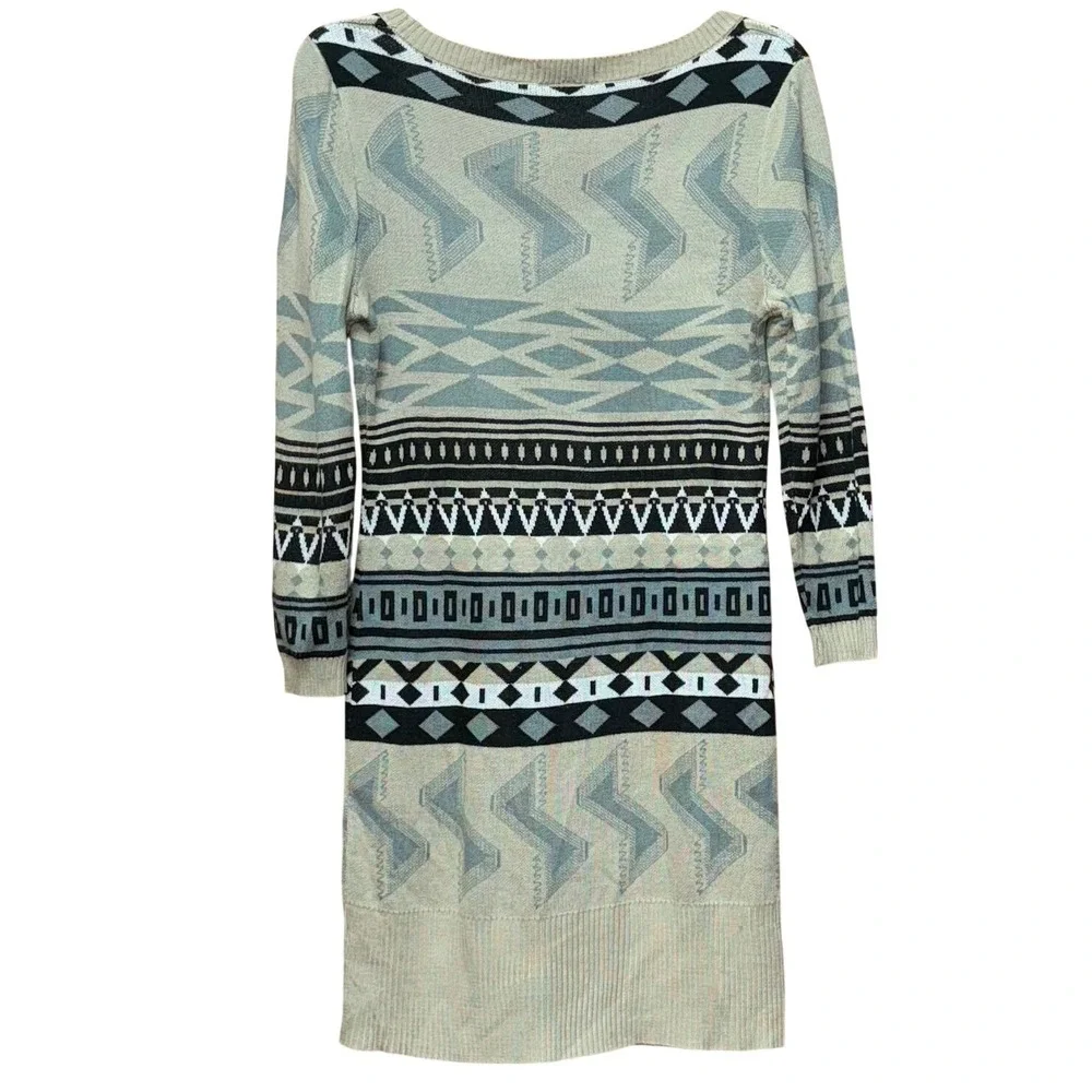 T/O Women's  M Aztec Tribal Long Sleeve Knit Pullover Sweater Dress Boho Bodycon